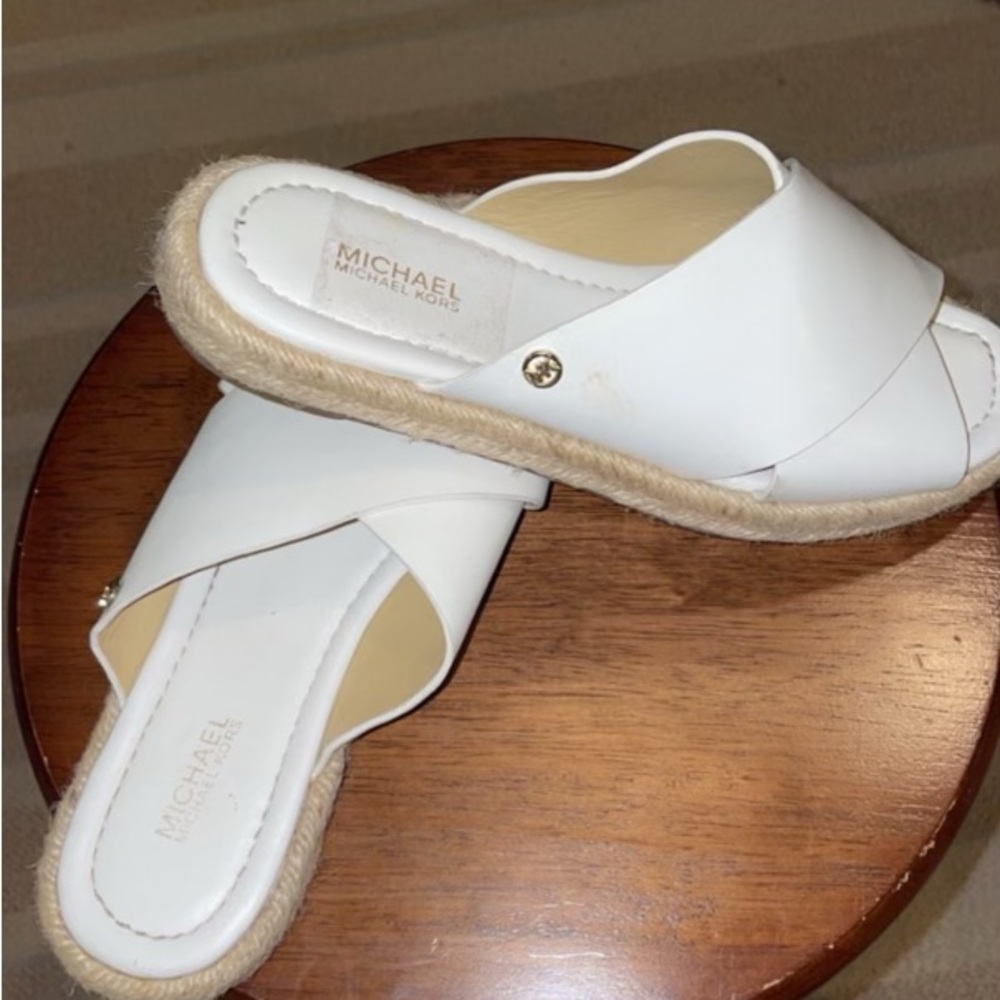 Michael Kors Womens Linden Slide White Lether Monogram Flat Espadrilles Shoes